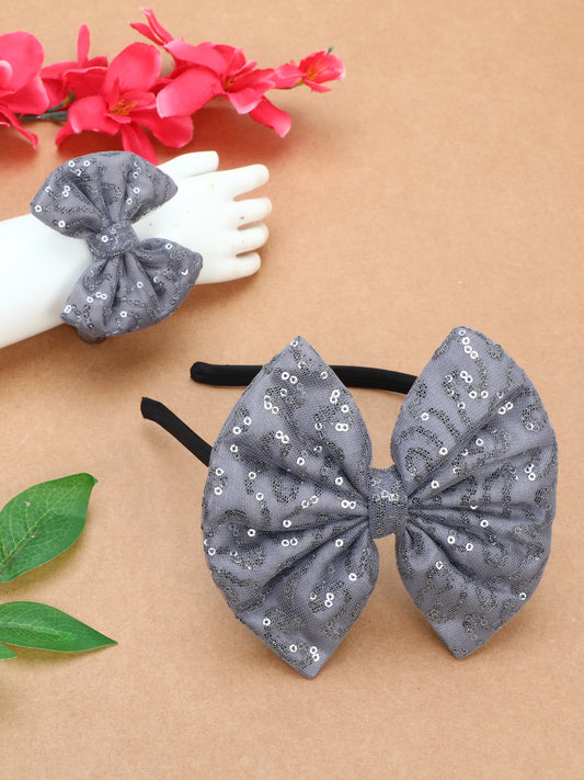 Sequins Bow Bracelet & Hairband Set -Grey