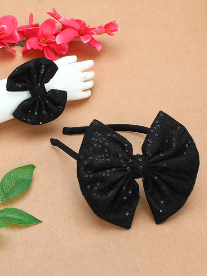 Sequins Bow Bracelet & Hairband Set -Black