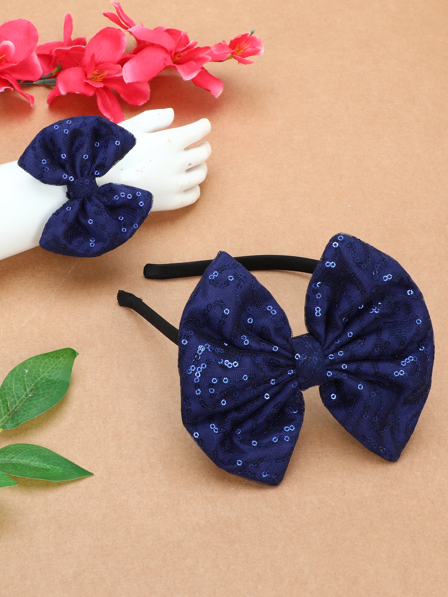 Sequins Bow Bracelet & Hairband Set -Navy Blue