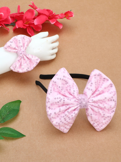 Sequins Bow Bracelet & Hairband Set -Pink