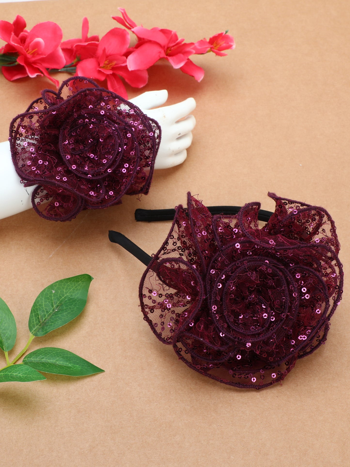 Sequins Flower Bracelet & Hairband Set-Burgundy