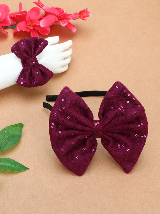 Sequins Bow Bracelet & Hairband Set -Burgundy