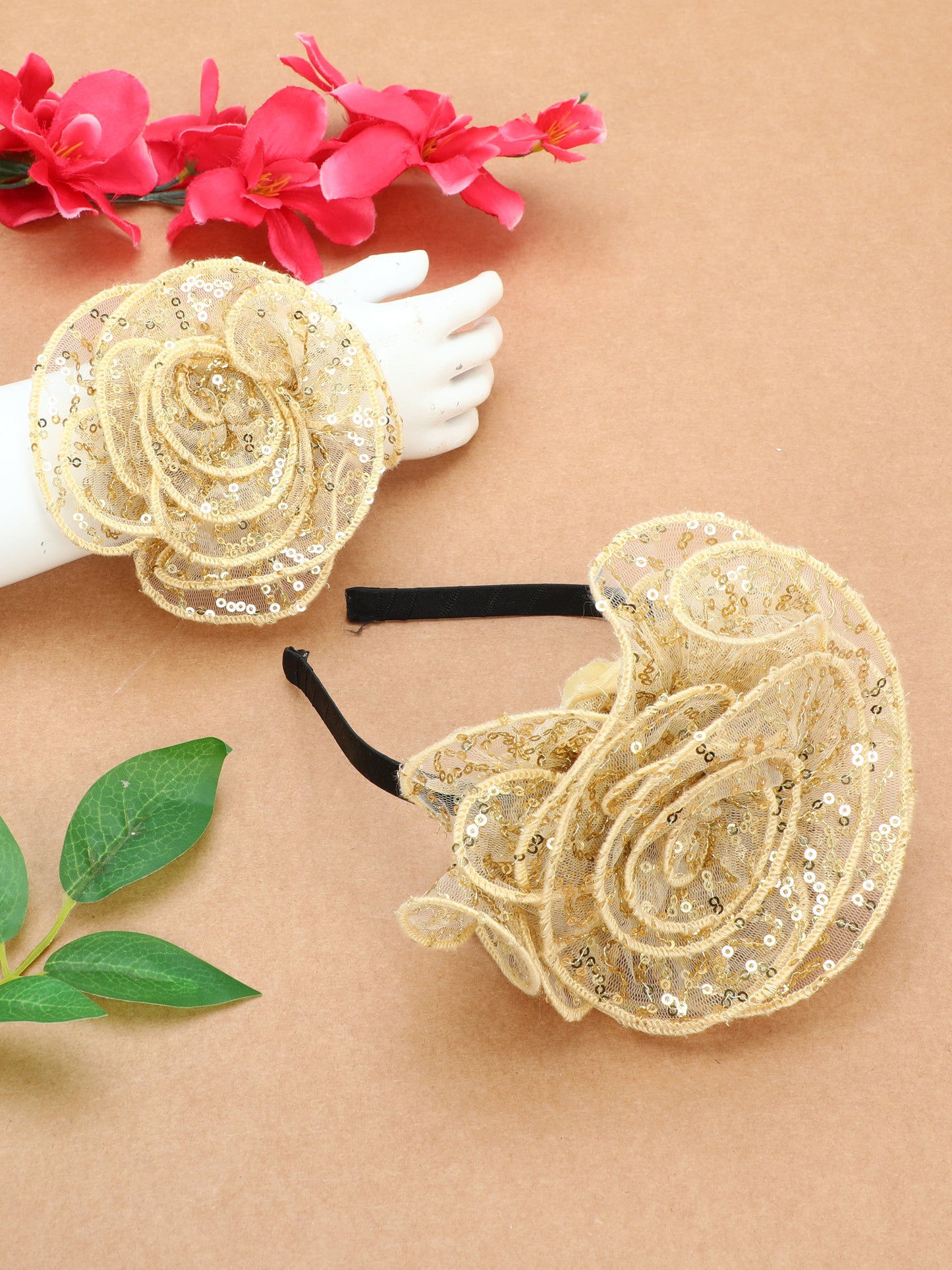 Sequins Flower Bracelet & Hairband Set-Gold