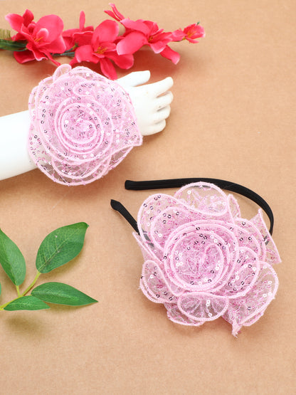 Sequins Flower Bracelet & Hairband Set-Pink