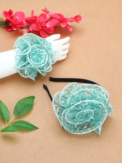 Sequins Flower Bracelet & Hairband Set-Aqua