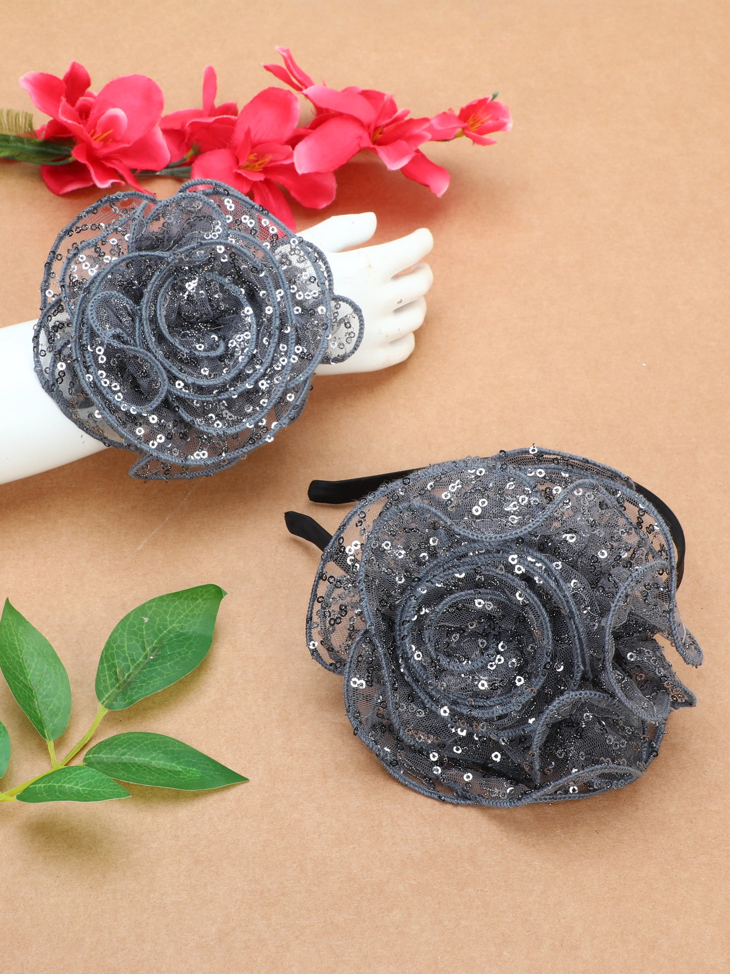 Sequins Flower Bracelet & Hairband Set-Grey