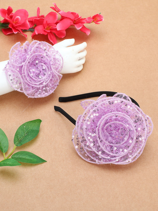 Sequins Flower Bracelet & Hairband Set-Lavender