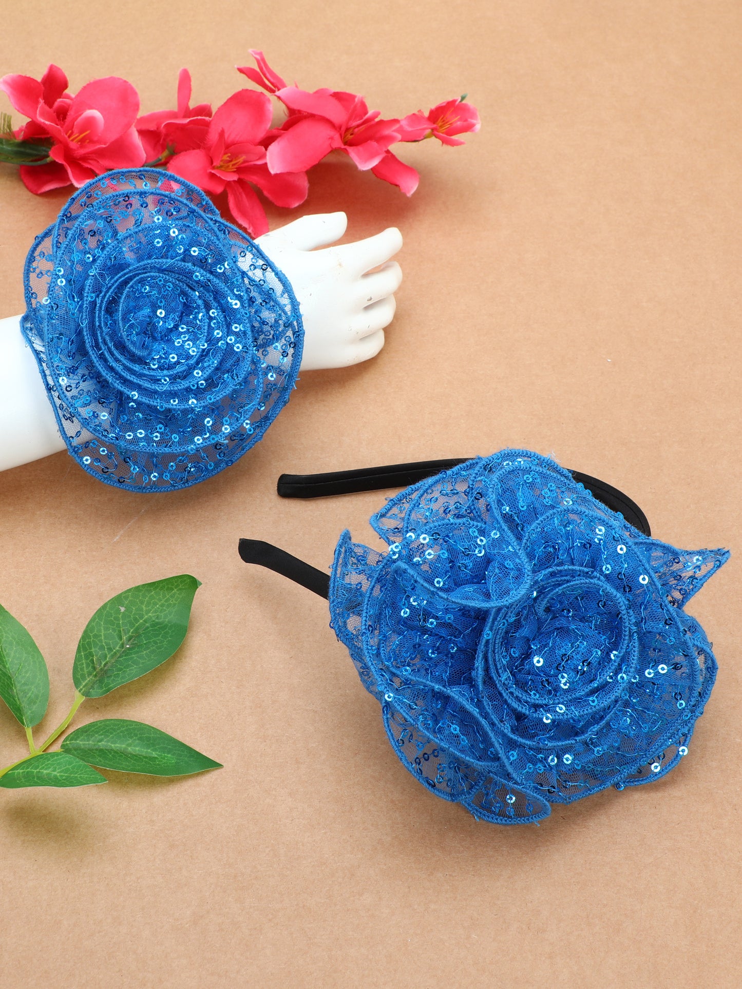 Sequins Flower Bracelet & Hairband Set-Blue