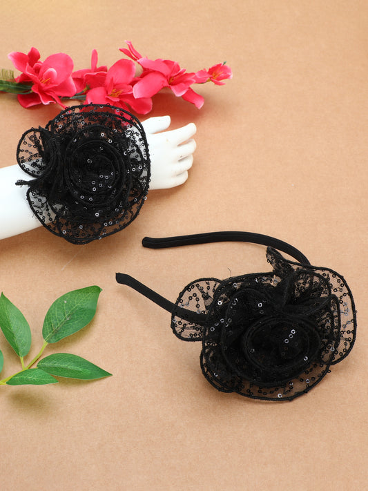 Sequins Flower Bracelet & Hairband Set-Black