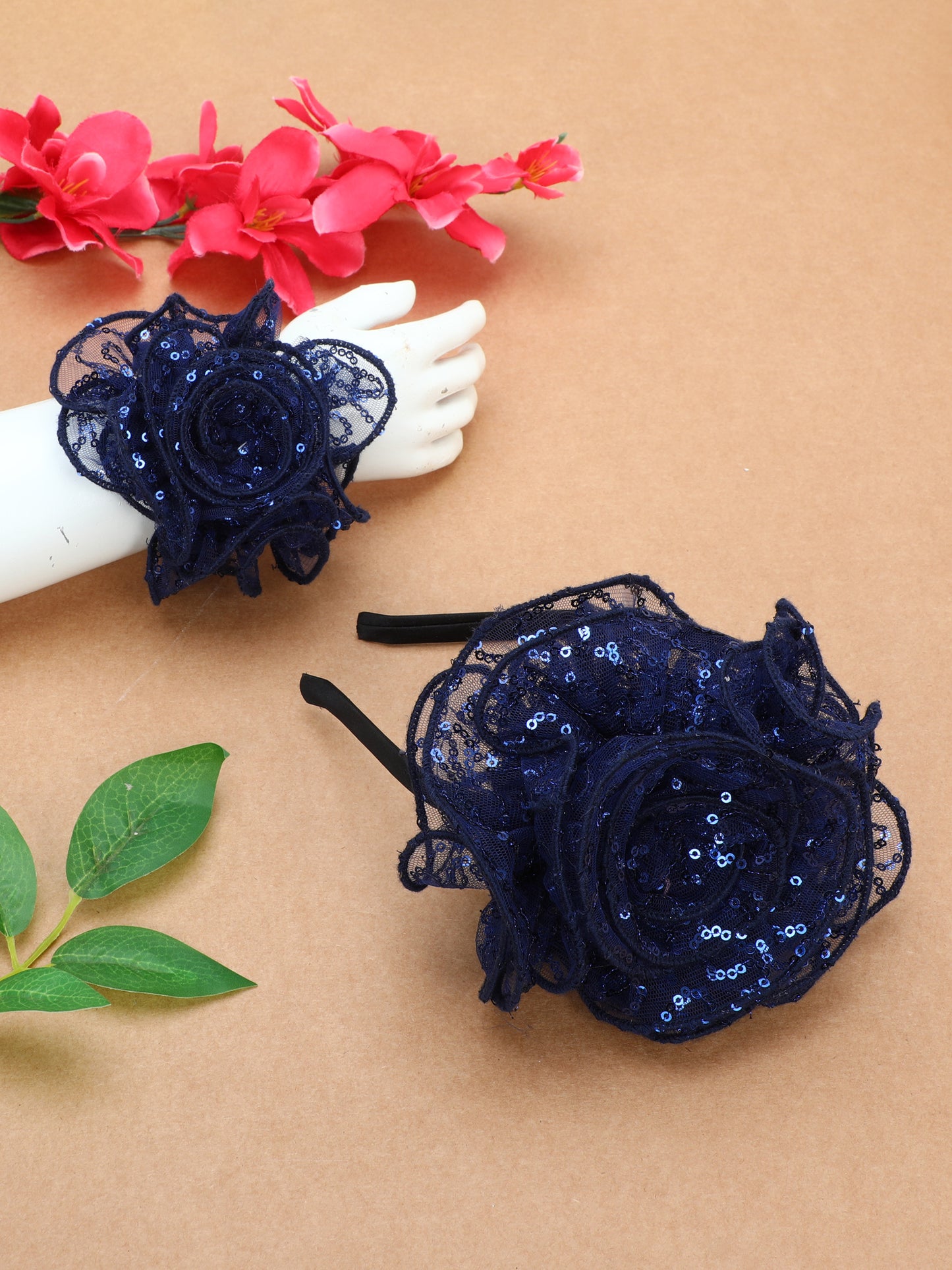 Sequins Flower Bracelet & Hairband Set-Navy Blue