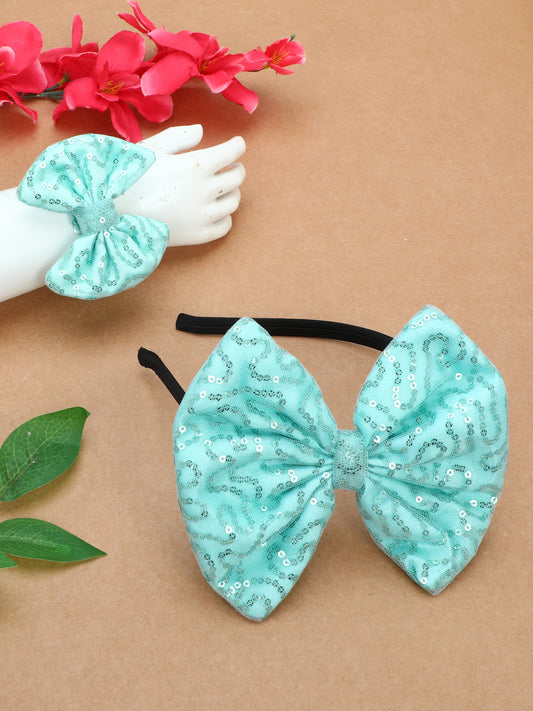 Sequins Bow Bracelet & Hairband Set -Aqua