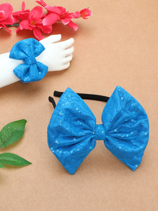 Sequins Bow Bracelet & Hairband Set - Blue