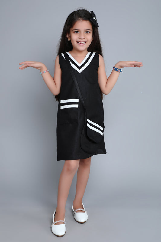 Piping Aline Dress with Sling and Matching Bow Clip -Black