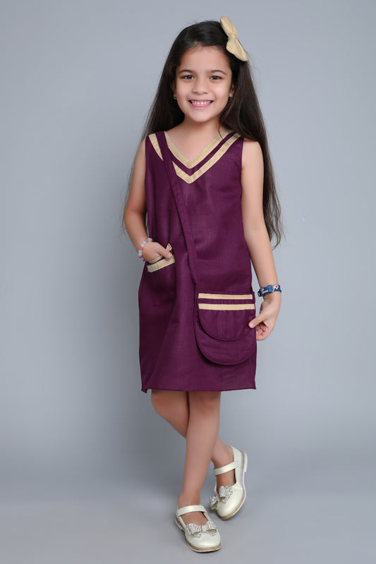 Piping Aline Dress with Sling and Matching Bow Clip -Burgundy