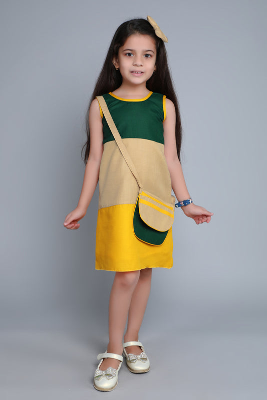 Colorblock Aline Dress with Sling and Matching Bow Clip -Yellow&Green