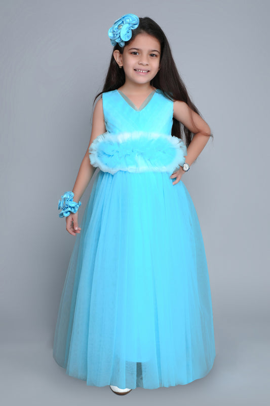 PinkChick Pleats N Ruffle Gown -Blue