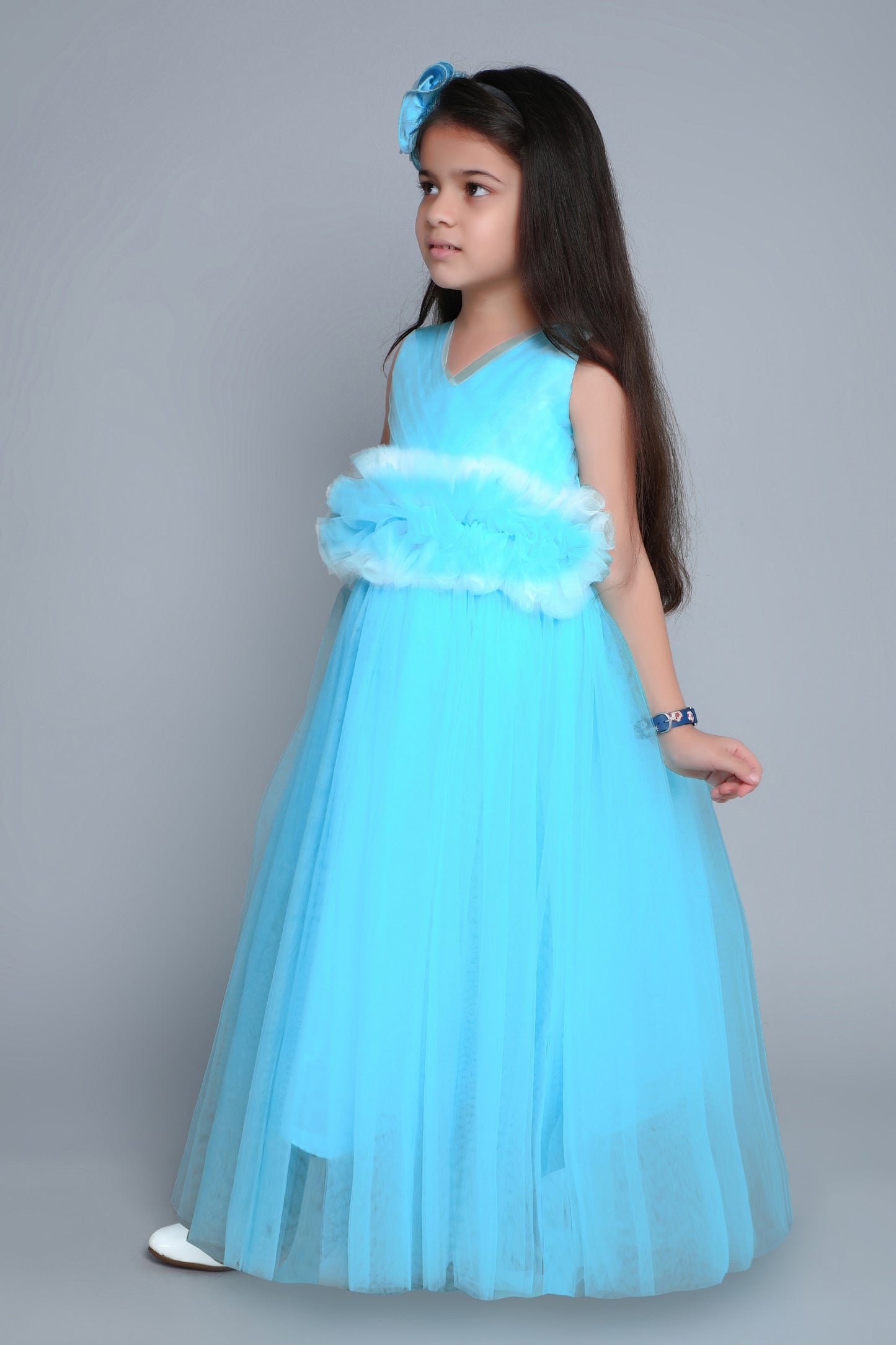 PinkChick Pleats N Ruffle Gown -Blue