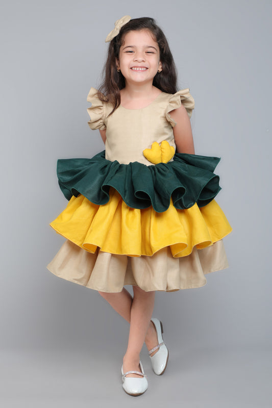 Colorblock Cotton Layered Dress with Matching Bow Clip - Beige
