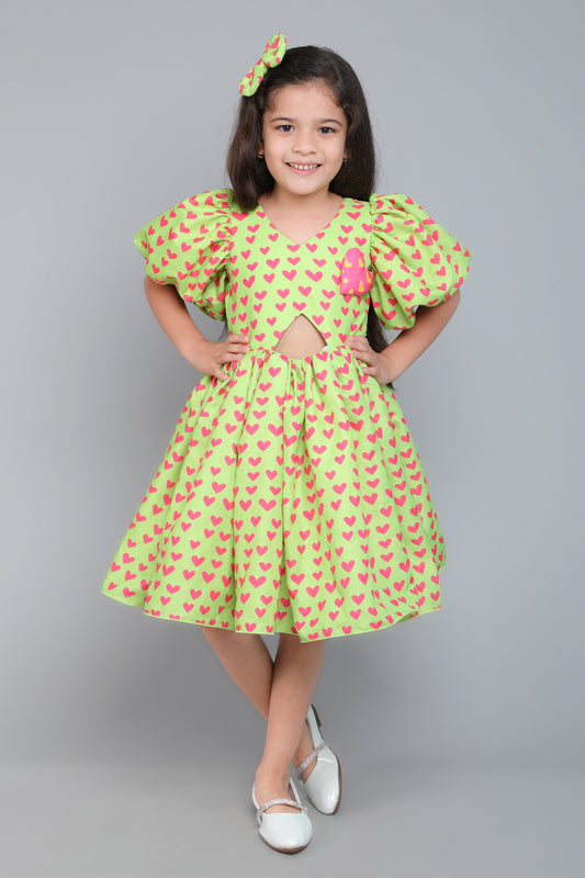 Puff Sleeves Heart Print Cut Out Dress with Matching Clip -Green