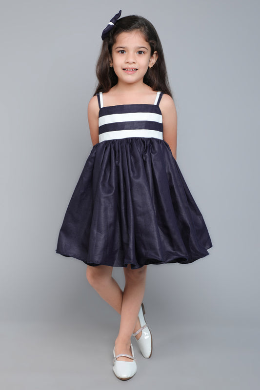 Colorblock Spaghetti Dress with Matching Bow Clip -Navy Blue & White