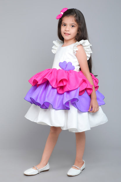 Colorblock Cotton Layered Dress with Matching Bow Clip - White