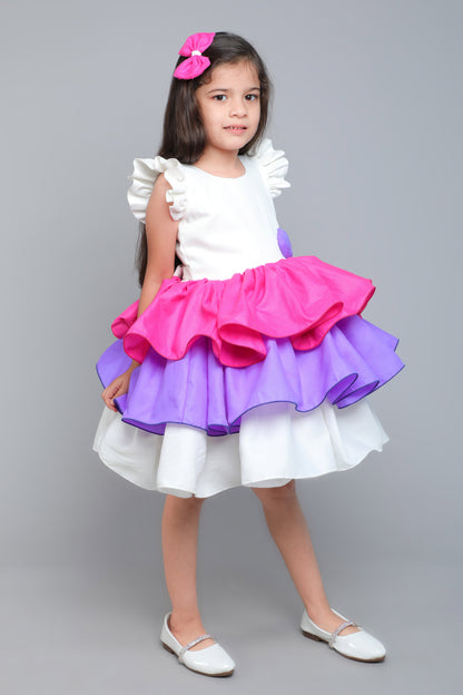 Colorblock Cotton Layered Dress with Matching Bow Clip - White