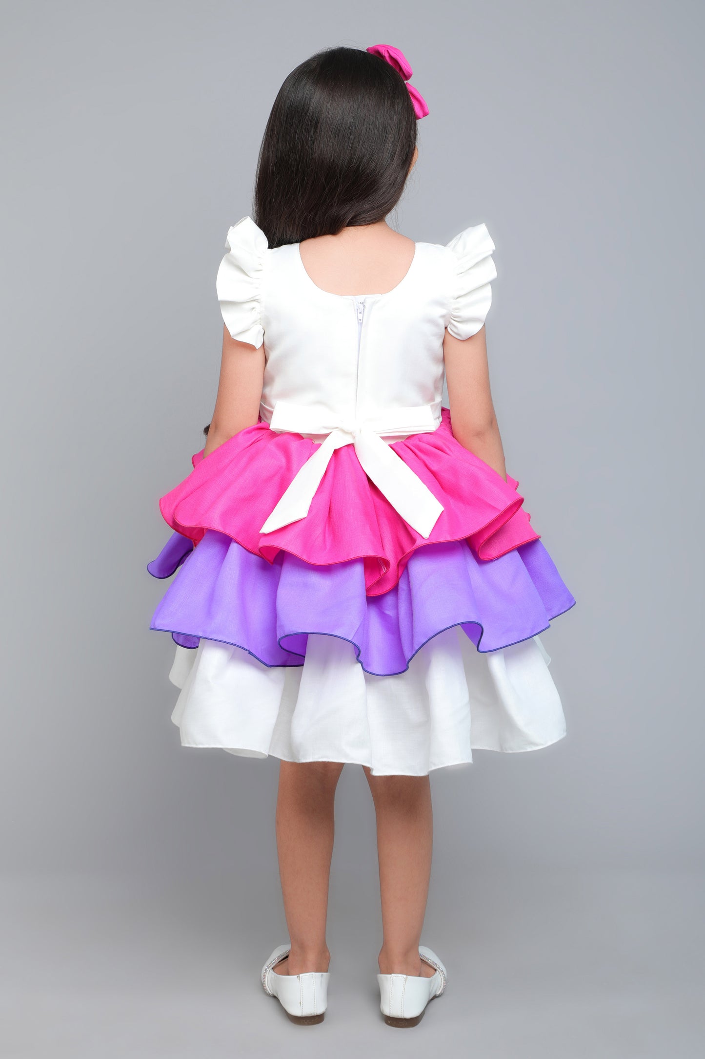 Colorblock Cotton Layered Dress with Matching Bow Clip - White