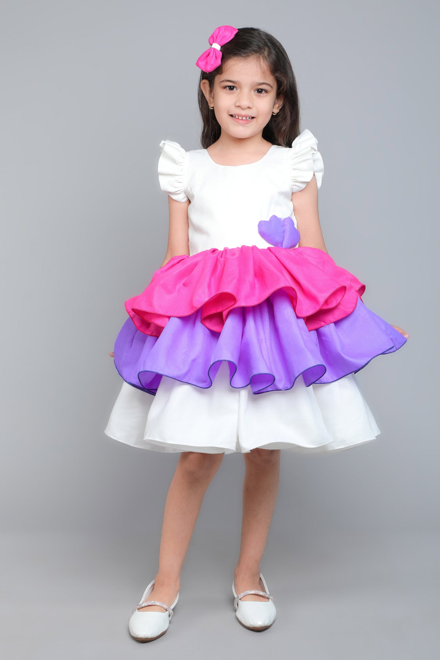 Colorblock Cotton Layered Dress with Matching Bow Clip - White