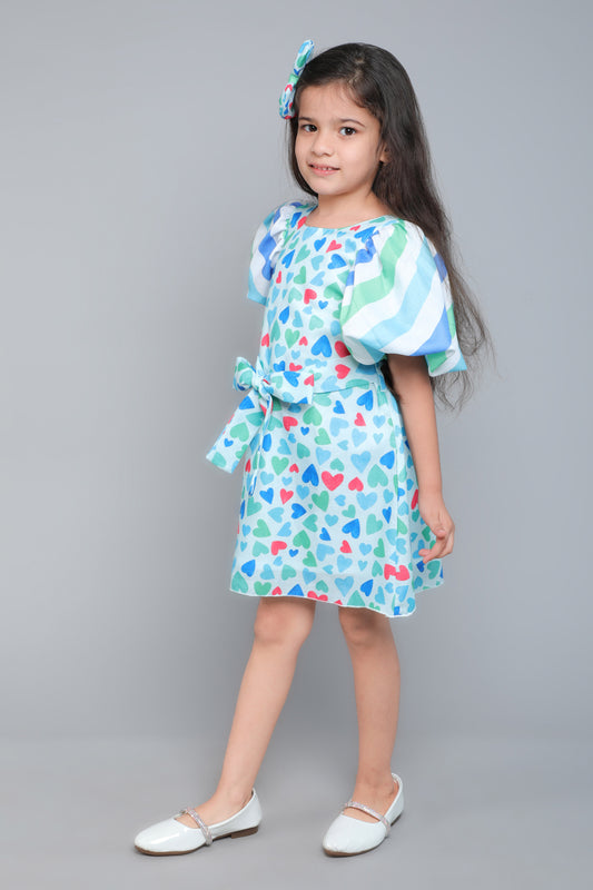 PinkChick Puff Sleeves Aline Dress With Matching Bow Clip -Blue