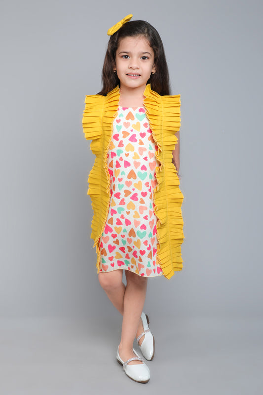 Heart  Ruffle Detail Aline Dress with Matching Clip- Yellow