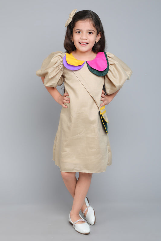 Puff Sleeves Colorblock Collar Cotton Dress with Matching Sling and Bow Clip -Beige