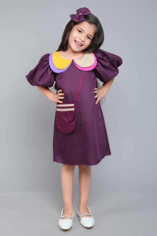 Puff Sleeves Colorblock Collar Cotton Dress with Matching Sling and Bow Clip - Burgundy