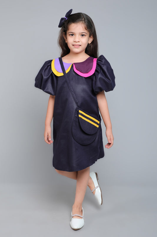 Puff Sleeves Colorblock Collar Cotton Dress with Matching Sling and Bow Clip - Navy Blue