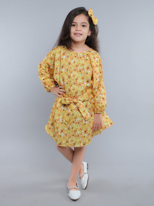 Girls Yellow Floral Printed Dress with Belt & Matching Hair Bow