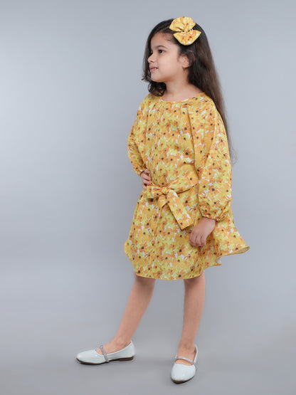 Girls Yellow Floral Printed Dress with Belt & Matching Hair Bow