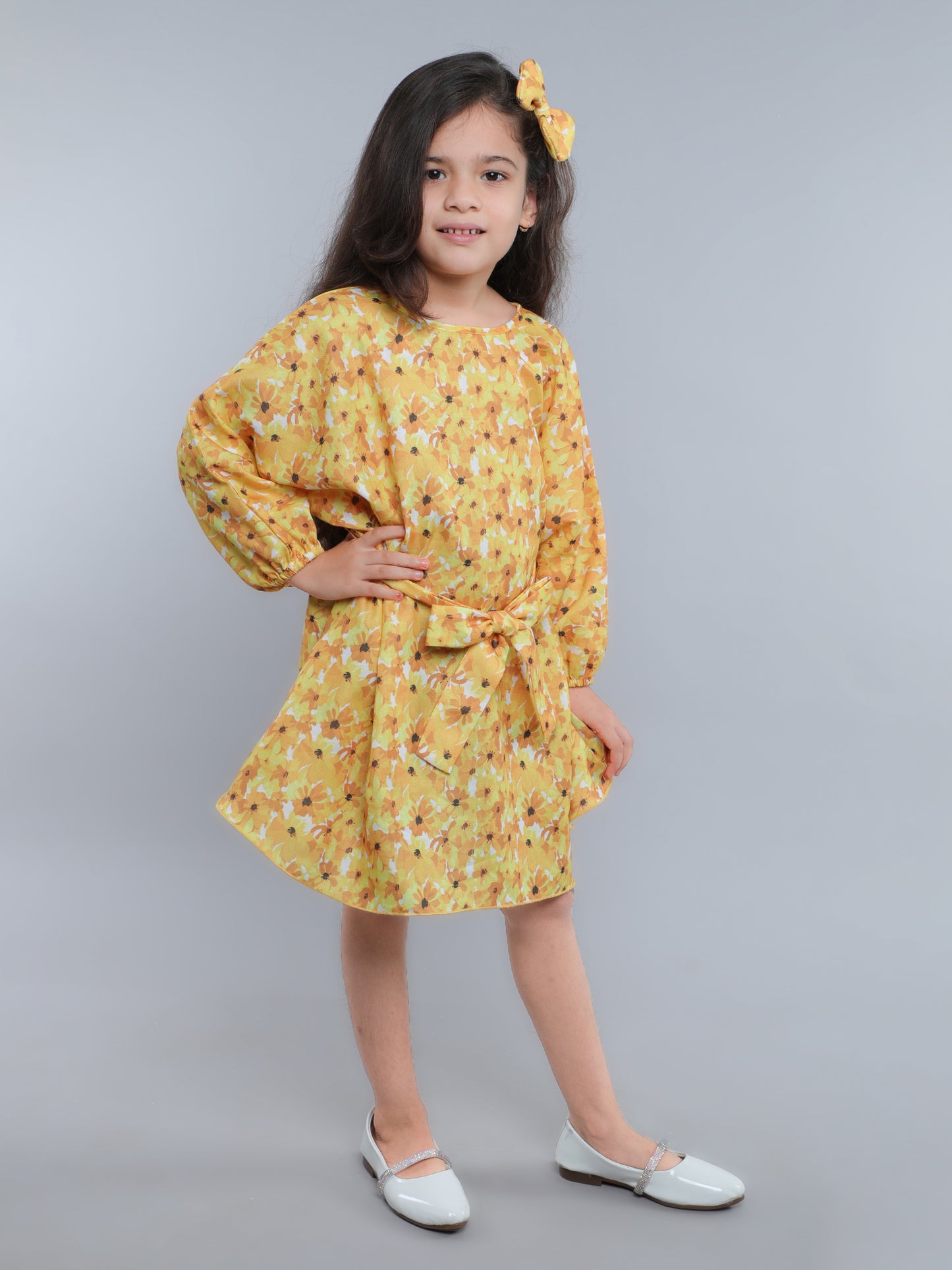 Girls Yellow Floral Printed Dress with Belt & Matching Hair Bow