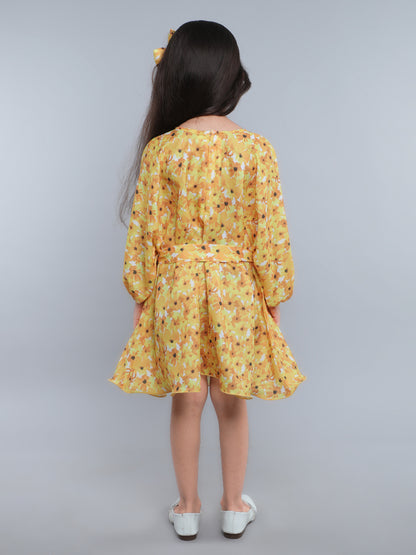 Girls Yellow Floral Printed Dress with Belt & Matching Hair Bow