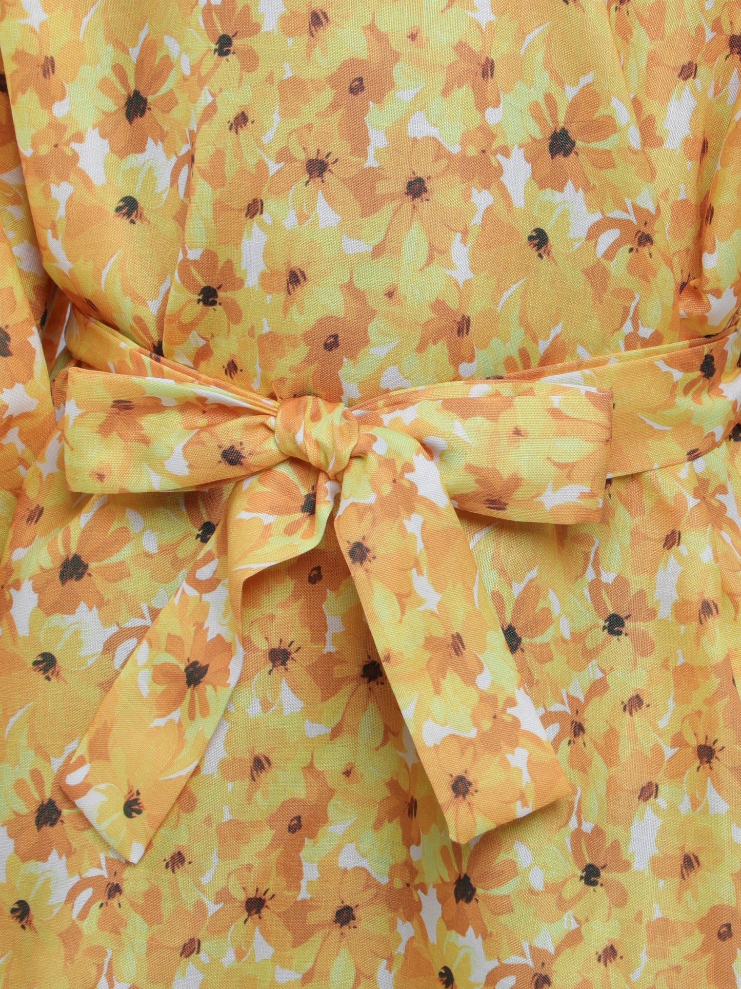 Girls Yellow Floral Printed Dress with Belt & Matching Hair Bow