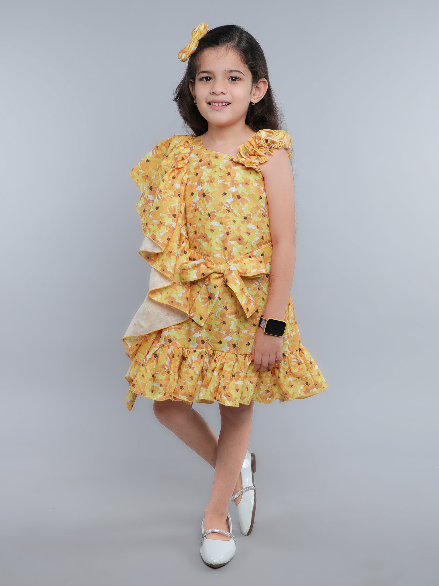 One-Shoulder Blue Floral Ruffle Dress with Matching Hair Bow -Yellow