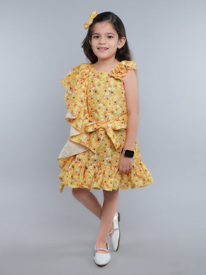 One-Shoulder Blue Floral Ruffle Dress with Matching Hair Bow -Yellow