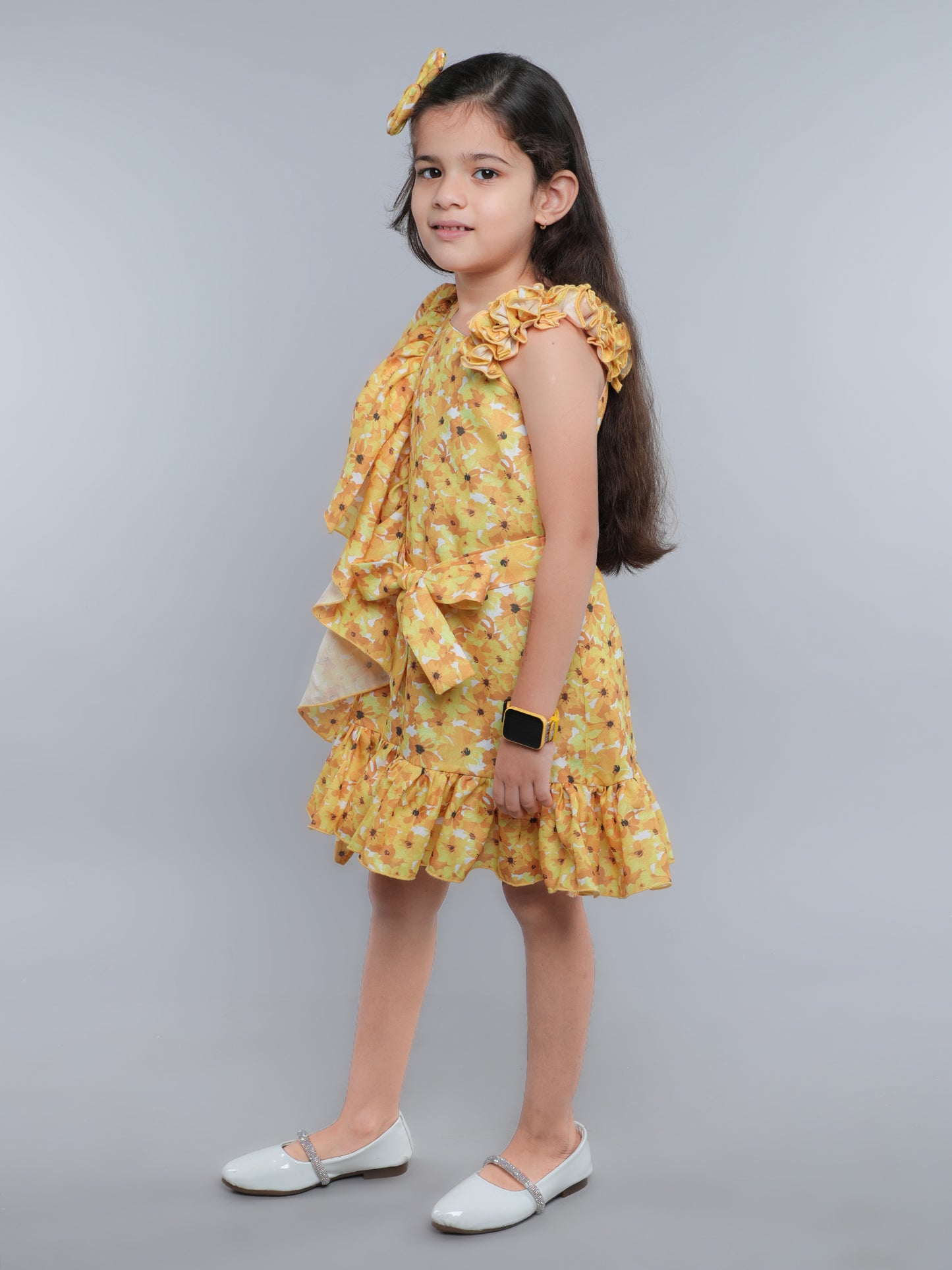One-Shoulder Blue Floral Ruffle Dress with Matching Hair Bow -Yellow