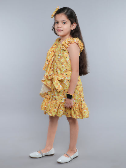 One-Shoulder Blue Floral Ruffle Dress with Matching Hair Bow -Yellow