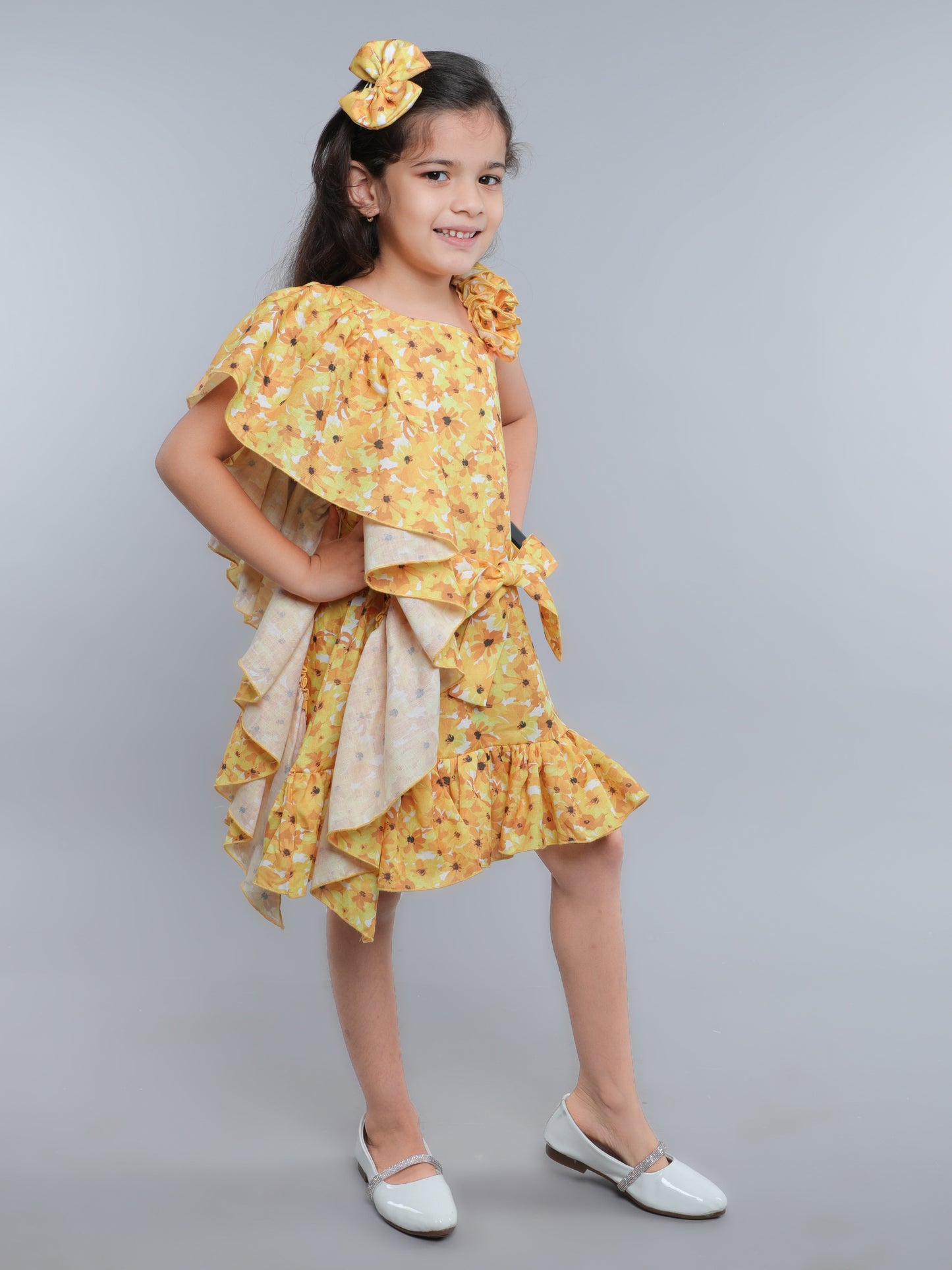 One-Shoulder Blue Floral Ruffle Dress with Matching Hair Bow -Yellow