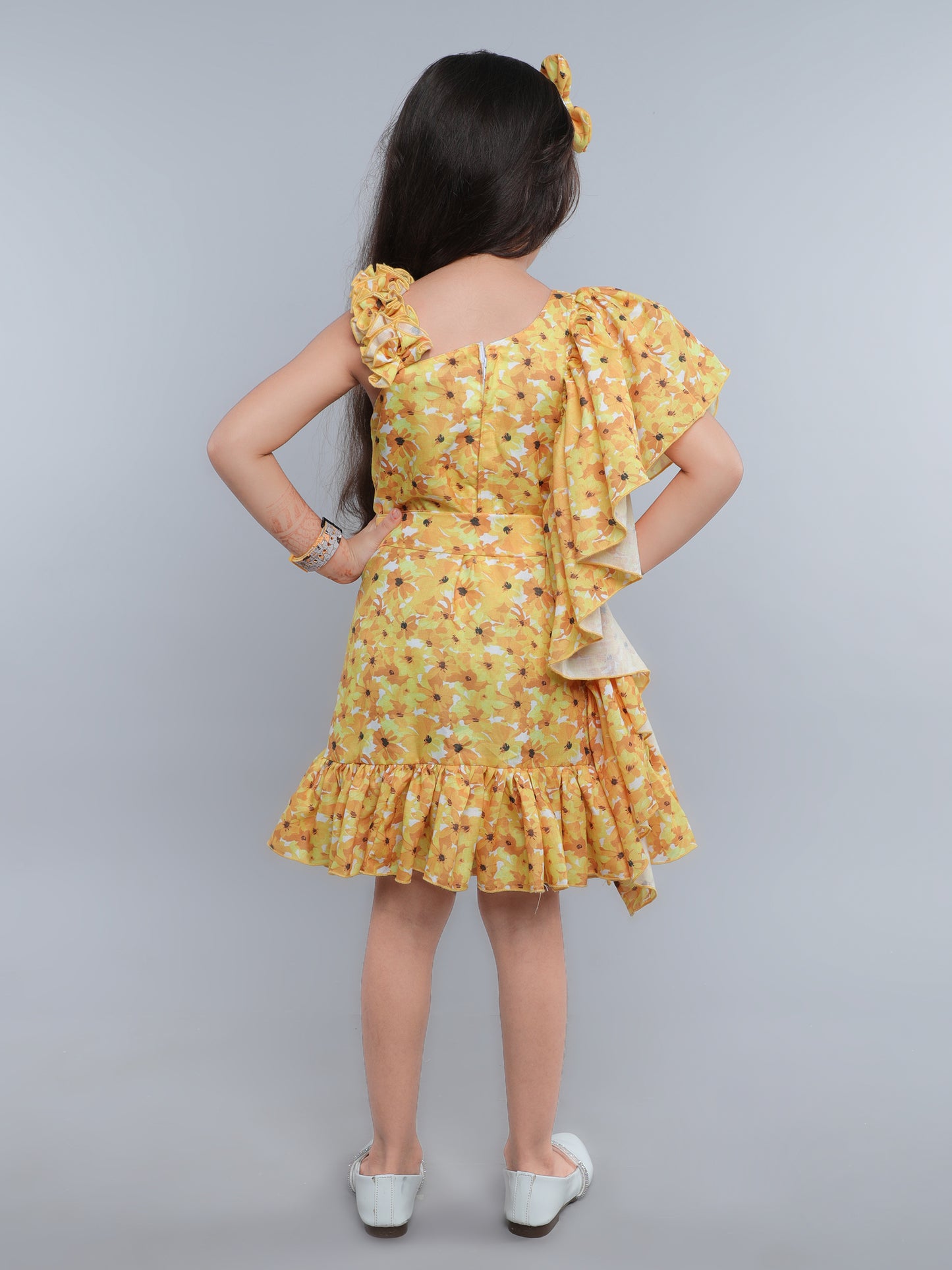 One-Shoulder Blue Floral Ruffle Dress with Matching Hair Bow -Yellow