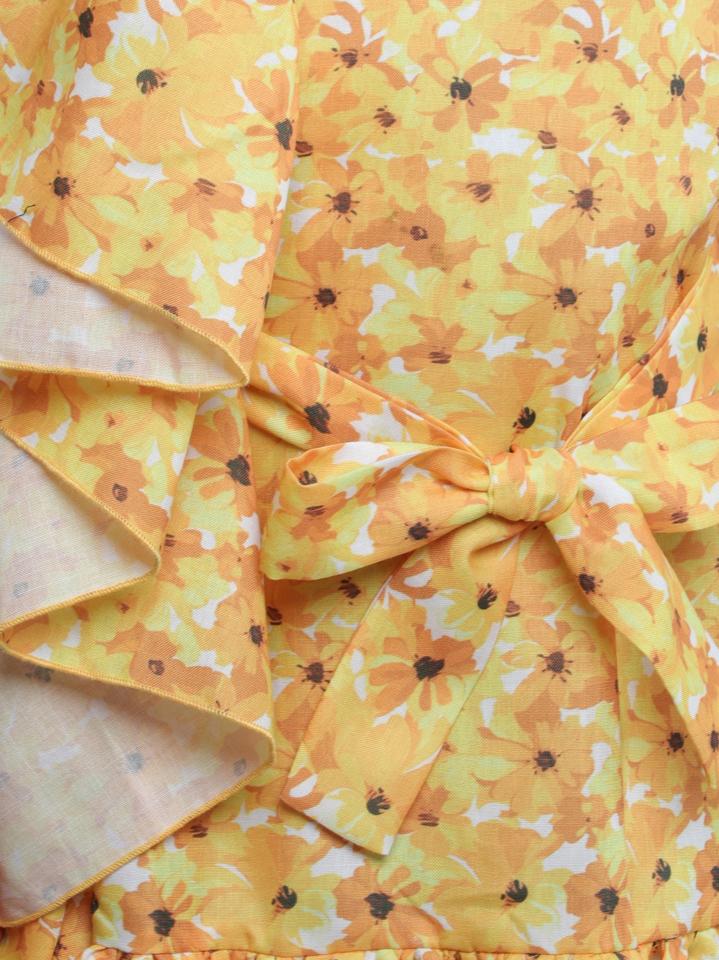 One-Shoulder Blue Floral Ruffle Dress with Matching Hair Bow -Yellow