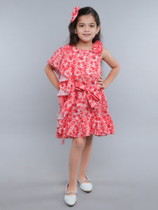 One-Shoulder Blue Floral Ruffle Dress with Matching Hair Bow -Orange