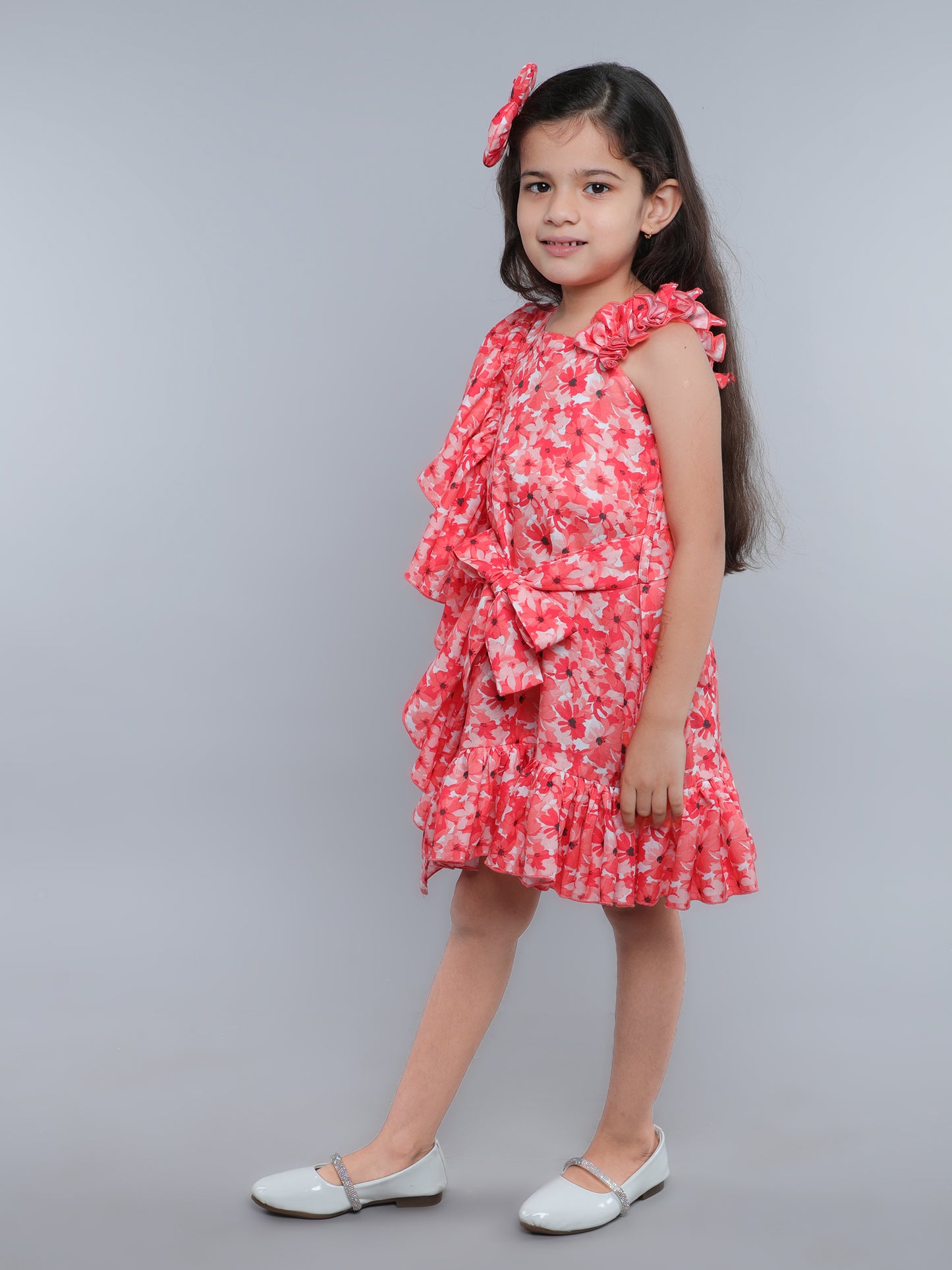 One-Shoulder Blue Floral Ruffle Dress with Matching Hair Bow -Orange