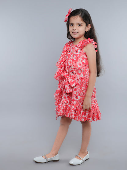 One-Shoulder Blue Floral Ruffle Dress with Matching Hair Bow -Orange