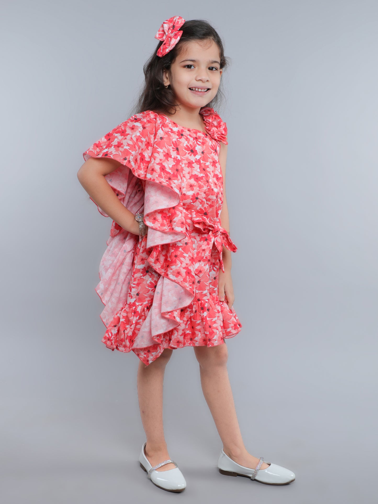 One-Shoulder Blue Floral Ruffle Dress with Matching Hair Bow -Orange