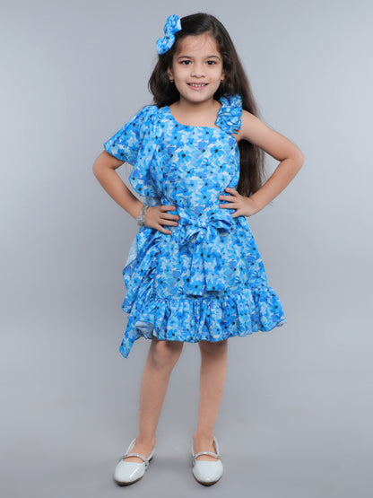 One-Shoulder Blue Floral Ruffle Dress with Matching Hair Bow -Blue